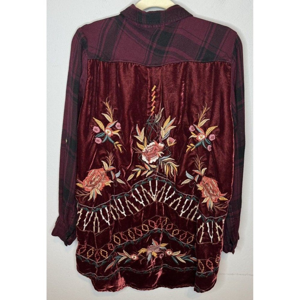 Karyn Seo X Athleta Button Front Blouse Medium Embroidered Velvet Red Plaid